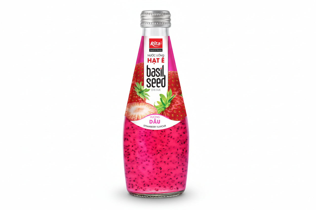 Glass Bottle Basil Seed Drink With Strawberry Flavor High Quality (290ml)
