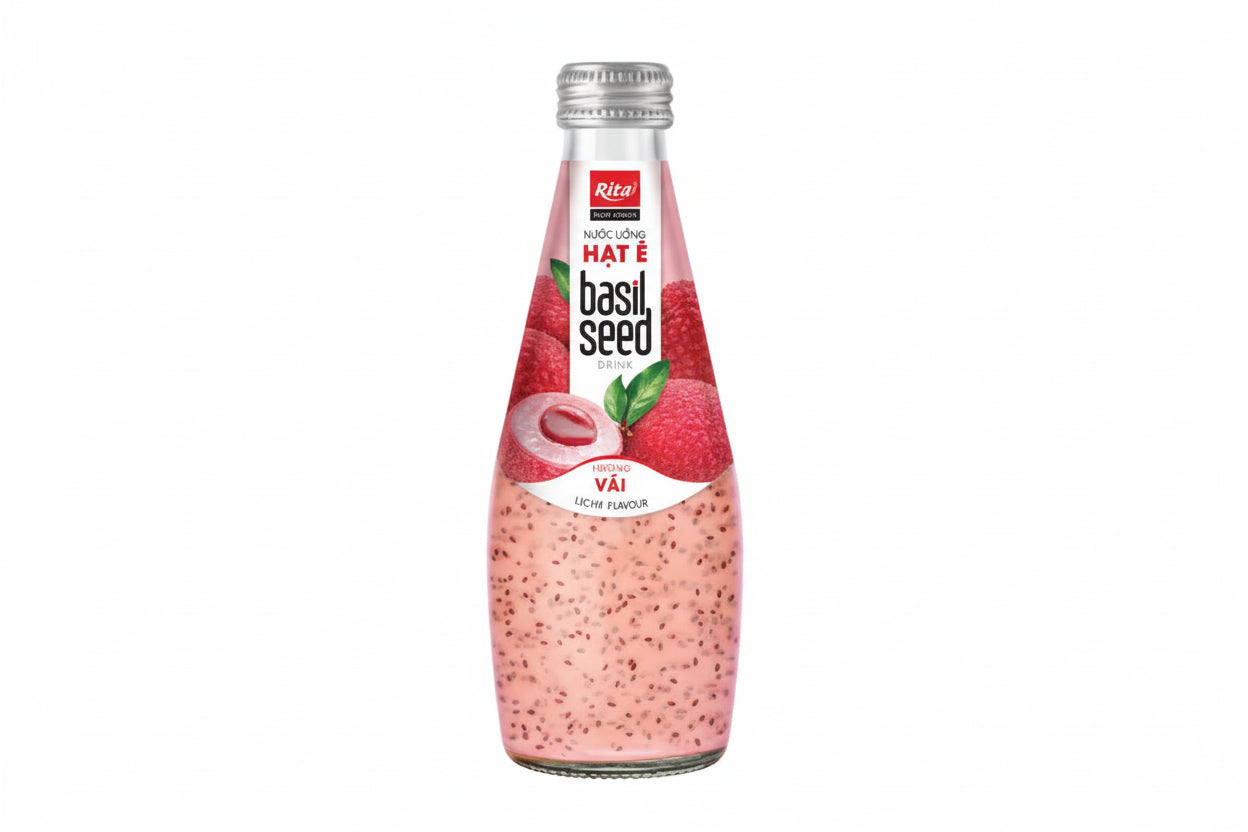 Glass Bottle Basil Seed Drink With Lychee Flavor High Quality (290ml)