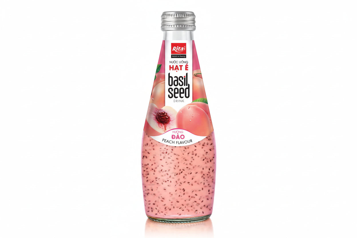 Glass Bottle Basil Seed Drink With Peach Flavor High Quality (290ml)